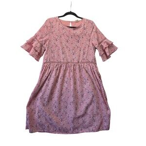 Hidden Alley Pink Floral Ruffle Sleeve Babydoll Dress L HD0205 Cottagecore